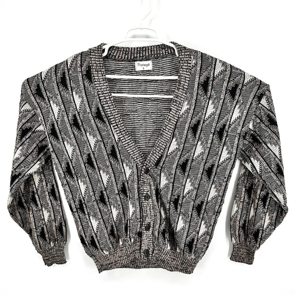 Vintage Protege Sweater Mens S Knit Cardigan Geometric Pattern 90s Pullover USA